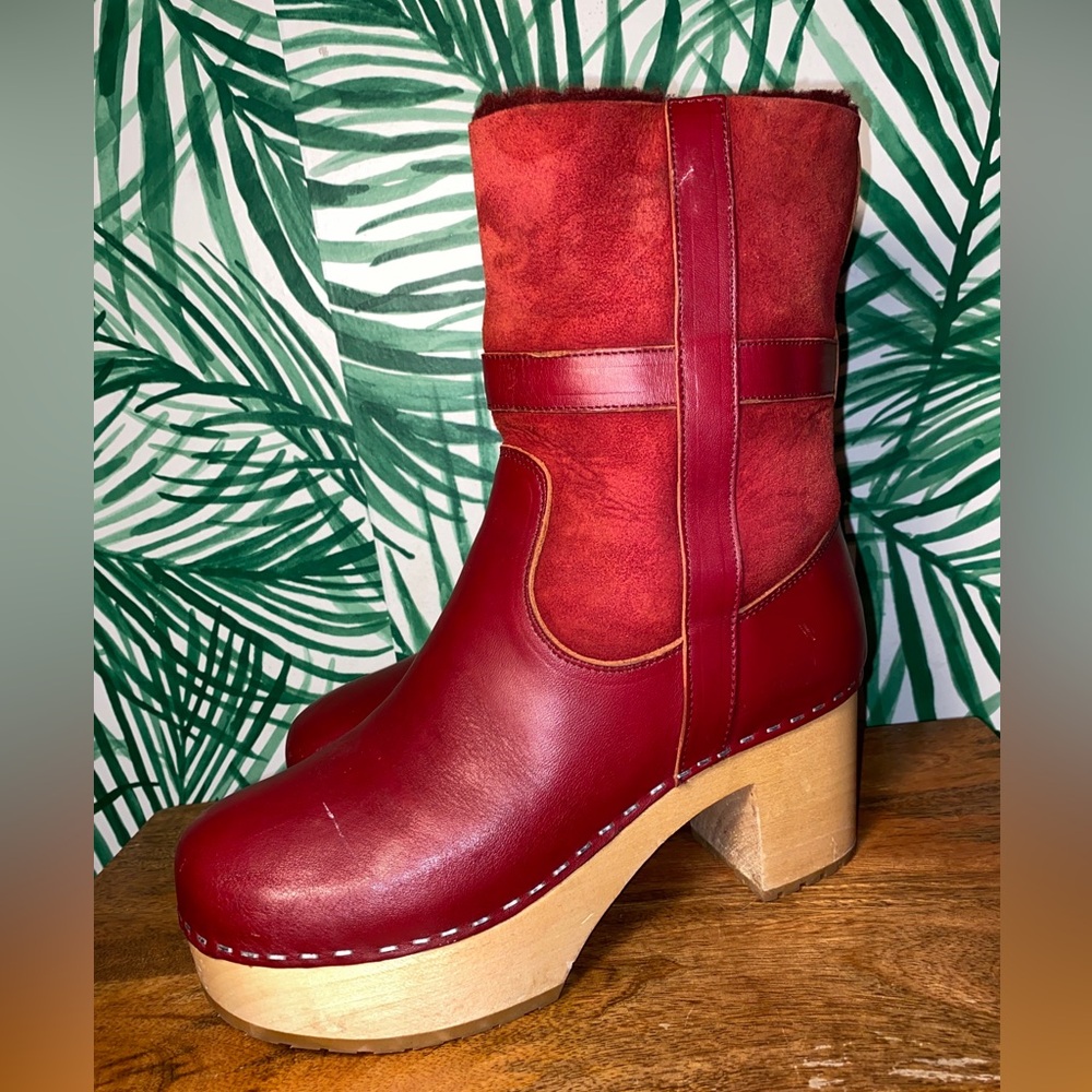 Sweedish Hasbeens Red Leather Shearling Wood Platform Ankle Boots Women’s 39/9 - Picture 5 of 13